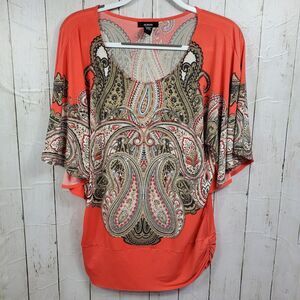 ALFANI Print Top Womans Size M Orange Multicolor Paisley Polyester Spandex